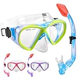 Kids Snorkel Set Dry Top Snorkeling Gear for Kids Youth Boys Girls Junior Age 5-15,Tempered Glass Swimming Diving Mask and Snorkel Set 180 Degree Panoramic View