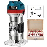 Wood Router Tool Woodworking Trimmer - 15 Pieces 1/4' Router Bits Electric 1.25HP Handheld Corded Palm 800W Corded Compact Router
