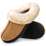 Women's Classic Microsuede Memory Foam Slippers Durable Rubber Sole with Warm Faux Fur Collar (7-8 M, Brown)
