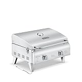 Lifemaster Portable Stainless Steel Gas Grill - 2 Burners Easy Clean Tabletop BBQ Propane Gas Grill with Foldable Legs and Wind Proof Lid for Camping and Outdoor - Silver