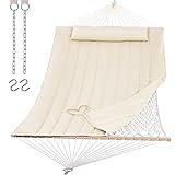 SUNCREAT 2 Person Hammock with Hardwood Spreader Bar, Outdoor Rope Hammock with Polyester Pad, 475 lbs Capacity, White
