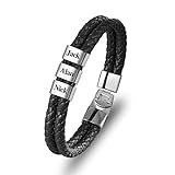 Dreamdecor Personalized Mens Leather Bracelet with Custom Beads - Engraved Names Jewelry, Customized Gifts for Dad Men