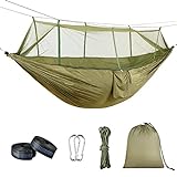 OTraki Camping Hammock, Portable Double Hammock with Net Large Vision Travel Hammock Tent with 2x13ft Ropes, 2 x 8.2ft Tree Straps and 2 Carabiners for Backpacking Hiking Outdoor Activities Army Green