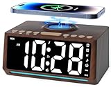 Retro Wooden Digital Clock Large Display with FM Radio, Bluetooth Speaker, Wireless Charger Station for iPhone/Samsung, Dimmer, Timer, 7 Lights, 10 Sounds, Bedside Alarm Clock for Bedroom, Wood Décor