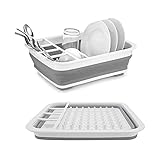 udNmlaiebot Dish Drying Rack, Collapsible Dish Drainer with Drainer Board, Popup and Collapse for Easy Storage Dish, Portable Dish Drainer Organizer for Kitchen RV Campers(Grey-White)