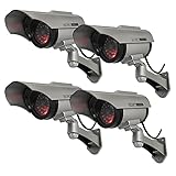 Yuarisx Solar Powered Dummy Fake Security Camera Bullet CCTV Surveillance with Simulated LED Realistic Red Flashing Light and Security Warning Sticker Decal Indoor Outdoor, 4 Pack