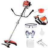 Nlager Grass Trimmer 52cc Two-Stroke 2 in 1 Full Functioning String Trimmer 3-Teeth Sharp Blade Lawn Mower Cordless Long Rod Straight Shaft Weed Eater, Red