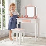 Kids Vanity Table & Stool Set, Girls Vanity Set with Detachable Tri-Folding Mirror and Drawer, 2 in 1 Princess Makeup Dressing Table and Writing Desk for Girls, Kids Age 3-8 (Pink)