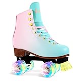 LIKU Quad Roller Skates for Girl and Women with All Wheel Light Up,Indoor/Outdoor Lace-Up Fun Illuminating Roller Skate for Kid (Pink&Blue, J12-J13)