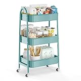 EAGMAK 3 Tier Utility Rolling Cart, Metal Storage Cart with Handle and Lockable Wheels, Multifunctional Storage Organizer Trolley with Mesh Baskets for Kitchen, Living Room, Office, Garage (Green)