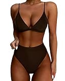 SUUKSESS Women High Waisted High Cut Bikini Sets Sexy Triangle Two Piece Swimsuits Push Up Bathing Suits (Deep Brown, L)