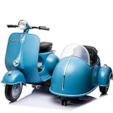 Licensed Vespa Electric Ride-On Motorcycle with Sidecar - 12V Electric Car for Boys and Girls - 2 Seater with Storage Bin, Bluetooth, Headlights - Licensed Product - Max Speed 4.8mph (Blue)