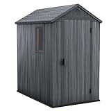 Keter Darwin 4 x 6 Foot Spacious Heavy Duty Storage Shed for Organizing Garden Accessories and Outdoor Tools with Lockable Door and High Ceiling, Gray
