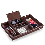 Baoyun Nightstand Organizer Tray, Leather Valet Tray for Men, EDC Catchall Tray with Phone Charging Station, Dresser Top Organizer, 6 Compartments Entryway Valet Box for Wallet, Keys, Phone