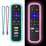 2Pack Silicone Protective Controller Sleeve for Roku | TCL Hisense Roku Remote Case Universal for Roku Express 4K+ 2021 | Roku Streaming Stick+ Remote Cover with Lanyards Glow Pink&Sky Blue(Not Glow)