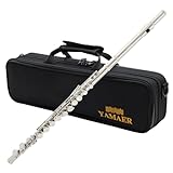 Yamaer C Flute Closed Hole 16-Key Flute, for Beginner Flute Instrument with a Carrying Case, Stand, Music Book, Gloves and Cleaning Kit(Nickel)
