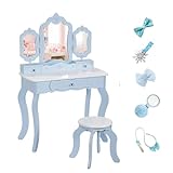 BRINJOY Kids Vanity Set, 2-in-1 Wooden Makeup Table & Stool w/Detachable Tri-fold Mirror, Pretend Play Princess Dressing Table w/Drawer&Accessories, Children Beauty Vanity Set for Girls 3+, Blue