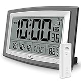 WallarGe Atomic Clock with Outdoor and Indoor Temperature - Self-Setting Alarm Day Digital Clock Large Dispaly,10' Battery Operated Wall Clocks or Desk Clocks for Bedroom,Livingroom,Office,
