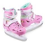 LEVYTEMP Adjustable Girls Ice Skates for Kids Youth Ages 5-12 - Pink Ice Skating Shoes - Size Medium US 1-4 - Hard-Shell Outer Boot - Hockey Lace-Up Skates for Beginners.