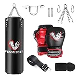 Vensmuste Punching Bag for Kids, 2FT PU Boxing Bag Set, Kids Punching Bag with 6oz Boxing Gloves, Hand Wraps, Hanging Straps, Chains, etc. Suitable for MMA Karate Kickboxing Boxing - Unfilled