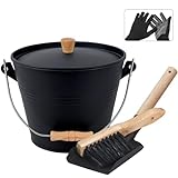 Poofzy Ash Bucket with Lid, 1.3 Gallon Ash Bucket for Fireplace, Metal Fireplace Bucket for Ashes Includes Shovel, Hand Broom and Gloves for Wood Burning Stove, Fire Pit and Grill