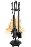Gtongoko 5 Pcs Fireplace Tools Set 32' Black Wrought Iron Large Fire Tool Set for Outdoor/Indoor Include Chimney Poker, Rustic Tongs, Shovel, Antique Brush and Stand Accessories Set
