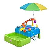Step2 Waterpark Wonders Two-Tier Kids Water Table, Indoor and Outdoor Water Sensory Table with Umbrella, Toddlers Ages 1.5+ Years Old, 11 Piece Water Toy Accessories, Blue