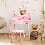 BRINJOY Kids Vanity Set with Lighted Mirror, Wooden Make Up Beauty Dressing Table with Stool & Jewelry Rack & Storage Board, Children Princess Vanity Table Pretend Playset for Girls