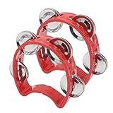 Cheerock Pack of 2 Plastic Percussion Handheld Tambourines with 4 Jingle Bells, Red Mini Hand Bell Percussion, Musical Rhythm Instruments for Kids, Adults, School and Party