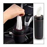 Moioee Car Tissue Holder, Cylinder Tissue Box with Window Breaker, PU Leather Round Tissues Container for Auto Cup Holder, Travel Facial Tissues Organizer for All Vehicles (Black)