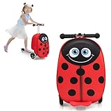 Goplus 2-in-1 Ride On Suitcase Scooter for Kids, Carry on Luggage with LED Flashing Wheels, Waterproof Shell, Retractable Steering Handle, Lightweight Folding Scooter for Boys Girls Travel (Ladybug)