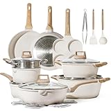 CAROTE 21Pcs Pots and Pans Set, Nonstick Cookware Sets, White Granite Induction Cookware Non Stick Cooking Set w/Frying Pans & Saucepans(PFOS, PFOA Free)