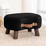 LUE BONA Small Curved Foot Stool with Handle, Black Velvet Footstool and Ottomans, Modern Foot Rest with Wooden Legs, Step Stool with Padded Seat for Couch, Living Room