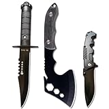DOOM BLADE 3 Piece Small Survival Hatchet Camping Axe&Fixed Blade Knife Combo Set,Tomahawk,Hatchet,Pocket Folding Knives,440C Steel Blade with Nylon Sheath for Outdoor Hunting Camping(Type-1)