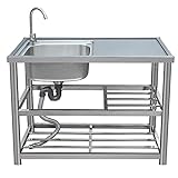 KITCHEN SINK Laundry sink/outdoor station with hose hook up, portable for washing hands, commercial restaurant utility fish cleaning table,stainless steel faucet, 35.5x17.7x31.5in/90x45x80cm