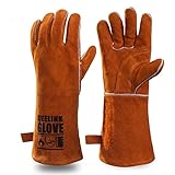 QeeLink Welding Gloves - Heat & Wear Resistant Lined Leather and Fireproof Stitching - For Welders/Fireplace/BBQ/Gardening, 16-Inch
