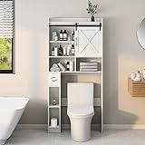 Over The Toilet Storage Cabinet, Farmhouse Storage Cabinet Over Toilet with Sliding Barn Door & Toilet Paper Holder Stand，Home Space-Saving Toilet Rack, for Bathroom, Restroom, Laundry