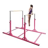 Costzon Double Horizontal Bars, Junior Gymnastic Training Parallel Bars w/ 11-Level 38-55' Adjustable Heights, Converted Single Bar, 264lbs Capacity, Ideal for Indoors, Outdoors, Home Practice (Pink)