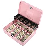 Sgorlds Cash Box Metal Money Box with Tray & Key Lock,Tiered Locking Cash Boxes,Durable Lock Safe Box with Key,4 Bill 5 Coin Slots,Cantilever Design,Large (Large, Top-Key Pink)