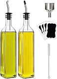 Leaflai Olive Oil Dispenser Bottle, 2 Pcs Glass Olive Oil Dispenser and Vinegar Dispenser Set with 2 Stainless Steel Pourers, 4 Labels,1 Brush and 1 Funnel Oil Bottles for Kitchen (500ml)