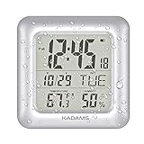 KADAMS Bathroom Clock Wall with Shatterproof LCD Screen – Waterproof Shower Clock Water Resistant with Temperature & Humidity Display Calendar in 7 Languages with 4 Installation Options, Silver