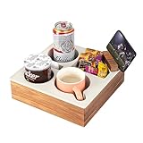 Couch Cup Holder Tray, Hitseon Handy Soft Silicone Acacia Wooden Couch Caddy for Bed Car Seat Beach Organizer, Waterproof Anti-Spill Sofa Cup Holder for Snacks Beverage Remote (White)