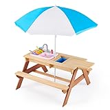 Kid's Outdoor Wooden Picnic Table Chair Set with Umbrella, Sandbox, and Sink Toys, 3 in 1 Convertible Sand and Water Table for Backyard Play