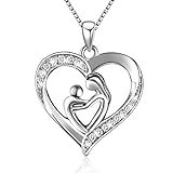 925 Sterling Silver Mother and Child Love Heart Pendant Necklace Mom Daughter Jewelry Gifts for Women