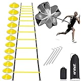 OFYDNR Speed Agility Ladder Training Set - 12 Rung 20Ft Agility Ladder, 12 Disc Cones, 4 Steel Stakes, Resistance Parachute with Carry Bag for Soccer Basketball Football Boxing Footwork Sports