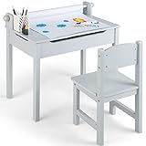 INFANS Kids Table and Chair Set with Paper Roll, Wooden Lift-top Desk for Toddler Writing Drawing Reading Craft Art, Children Furniture Activity Table Set for Nursery Daycare Playroom (Grey)