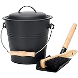 1.5-Gallon Metal Ash Bucket with Lid, Shovel, Broom - For Fireplaces, Wood Stoves