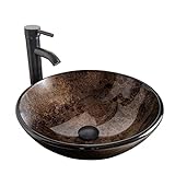 Bathroom Vessel Sink, 16.5' Artistic Glass Bathroom Bowl Basin with Faucet, Mounting Ring and Pop Up Drain, Brown
