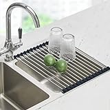 Seropy Roll Up Dish Drying Rack Over The Sink for Kitchen Sink Drying Rack Folding Dish Drainer Mat Rolling Dish Rack Sink Rack Stainless Steel Kitchen Dry Rack Black 17.5x15.7 Inch