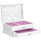 SONGMICS Jewelry Box, 2-Tier Jewelry Organizer with Flower Carvings, Drawer, Gift for Loved Ones, Kids, Jewelry Storage Case for Rings, Earrings, Necklaces, Bracelets, White UJOW201
